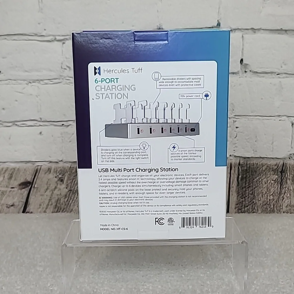 Hercules Tuff Charging Station for Multiple Devices, with 6 USB Ports Silver NWT